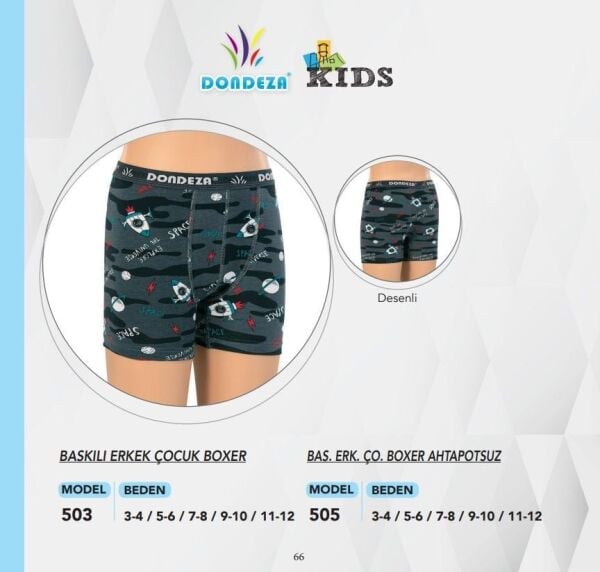 Dondeza 503 Erkek Çocuk Desenli Likralı Boxer 12 li Paket
