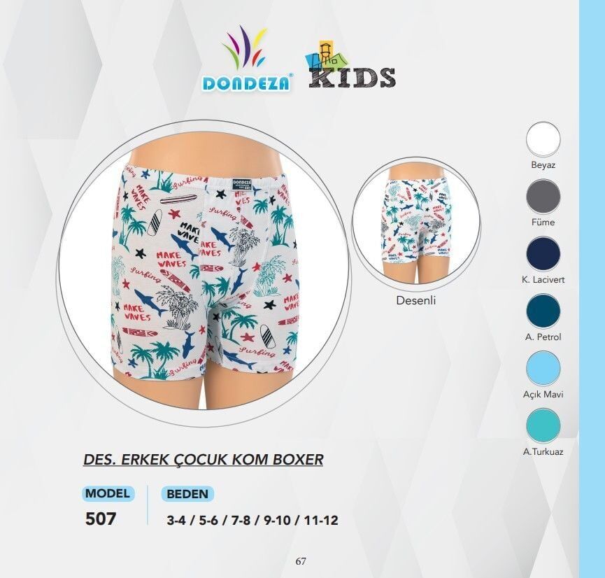 Dondeza 507 Erkek Çocuk Bel Lastik Desenli Boxer 12 li Paket