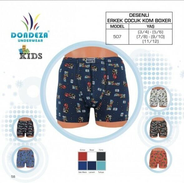 Dondeza 507 Erkek Çocuk Bel Lastik Desenli Boxer 12 li Paket