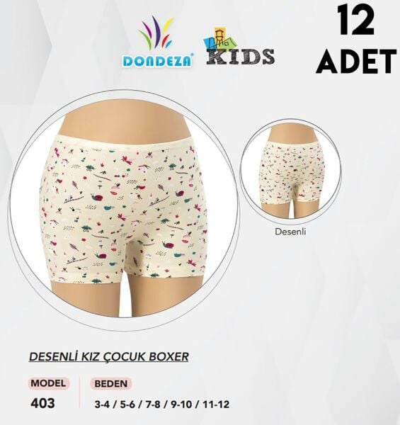 Dondeza 403 Desenli Kız Çocuk Boxer Külot 12 li Paket